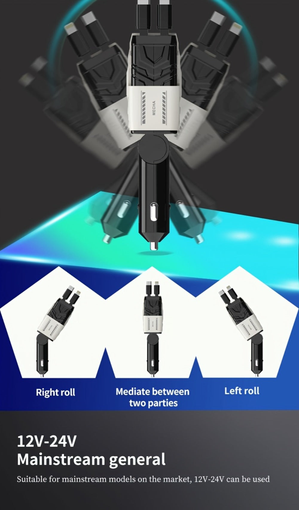 120W Fast Car Charger 4-in-1 with Retractable PD 3.0 Type-C Cable & Multi-Port USB Adapter