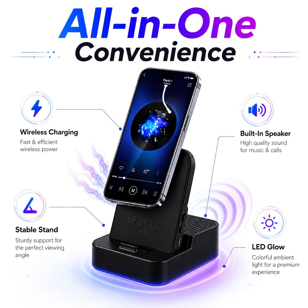 Magnetic Wireless Speaker Stand with Emergency Charging, 360° Adjustable Foldable Phone Holder, Portable Bluetooth Speaker