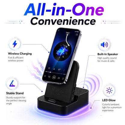 Magnetic Wireless Speaker Stand with Emergency Charging, 360° Adjustable Foldable Phone Holder, Portable Bluetooth Speaker