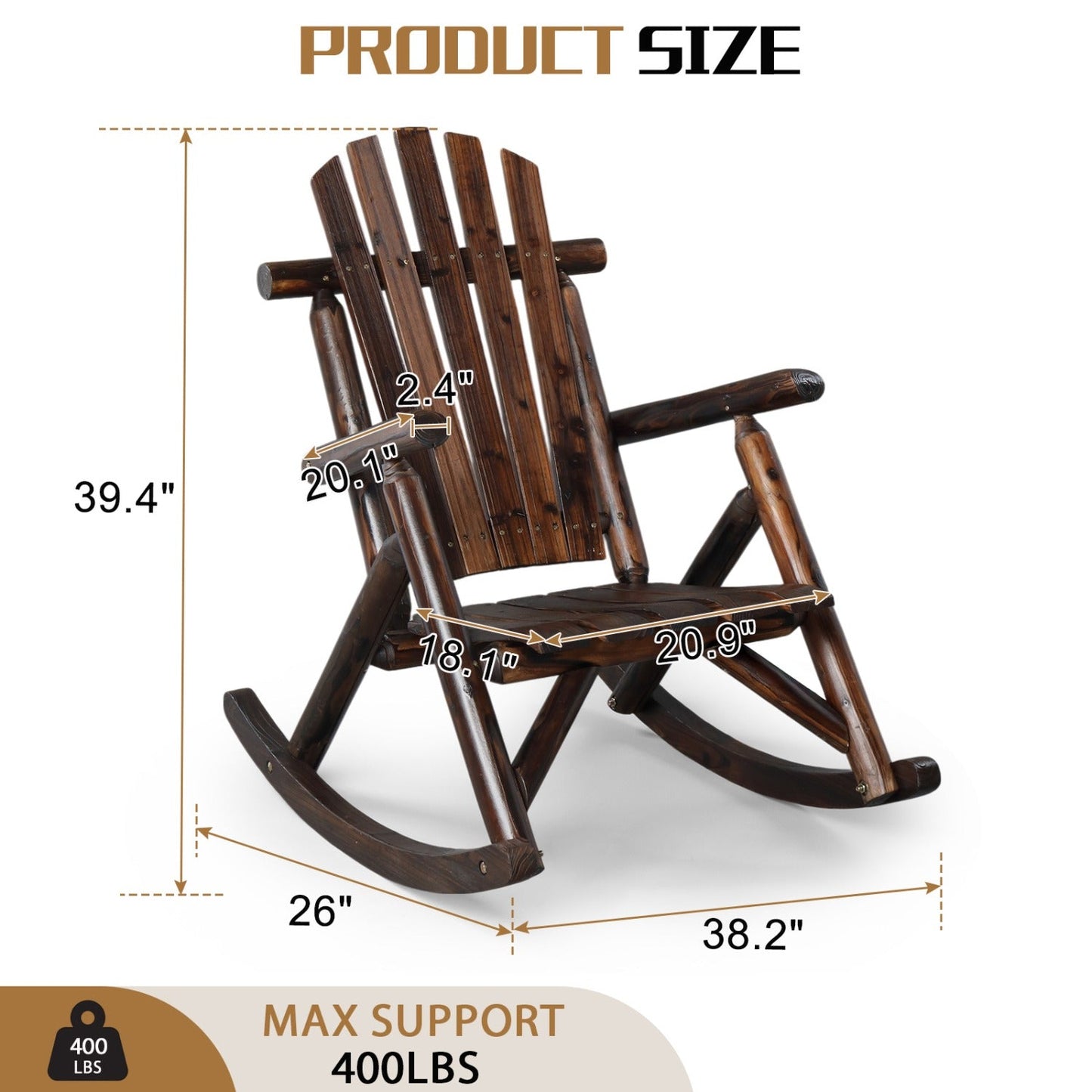Patio Cedar Rocking Chair 26" Fan-Shaped Backrest Outdoor Rocker for Garden Poolside Patio