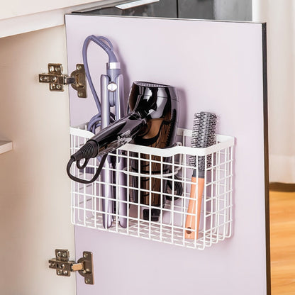 Hanging Hair Tool Organizer with Adjustable Mounting Height, Wire Basket and Black or White Finish