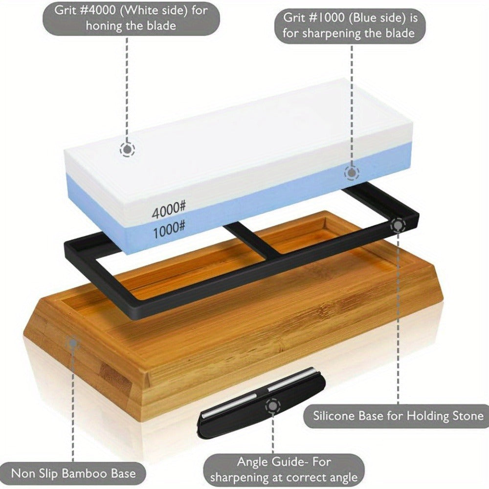 Knife Sharpening Stone 1000/4000 Grit Whetstone Set with Bamboo Base and Angle Guide for Home Cooking, Dining and Outdoor Meals