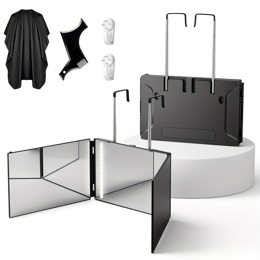 3-Way Self Haircut Mirror with LED Light & Accessories – 360° View Anti-Fog HD Glass, Height Adjustable Door Wall Table Mount