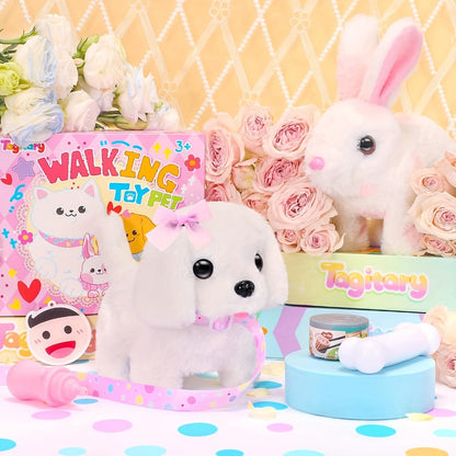 Plush Toy White Electronic Puppy with Walking, Barking, Tail-Wagging Action, Leash and Bow