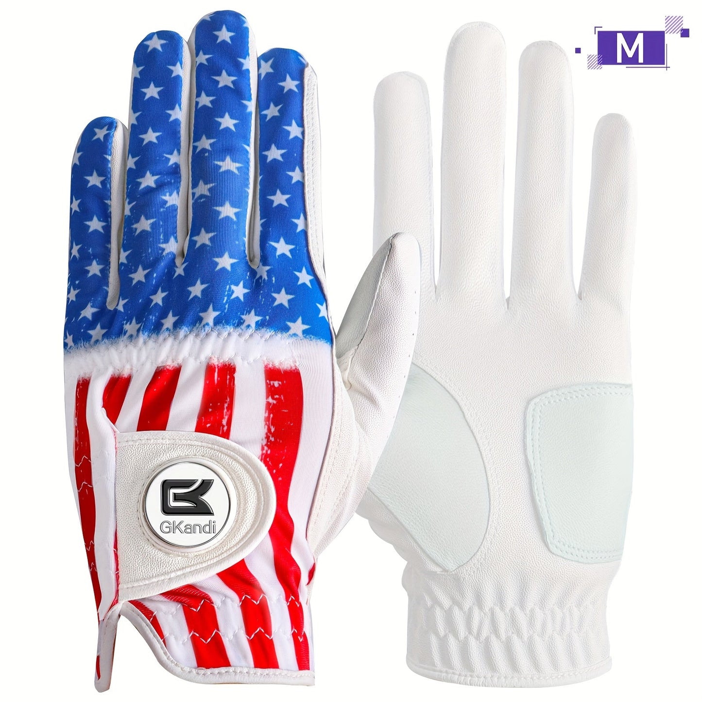Men's Golf Glove Left Hand with Ball Marker – Breathable All Weather Grip, Hook & Loop Closure, Sizes S M ML L XL, USA Flag, Blue & White