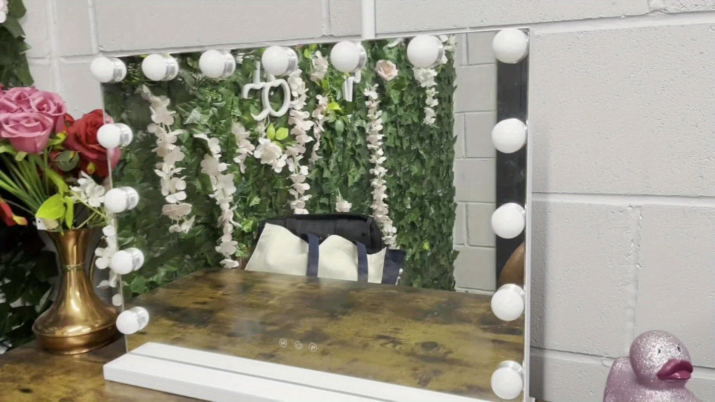 Hollywood Vanity Mirror with 15 LED Bulbs, 23 x 19 Inch Frame, Three Brightness Levels and White Base