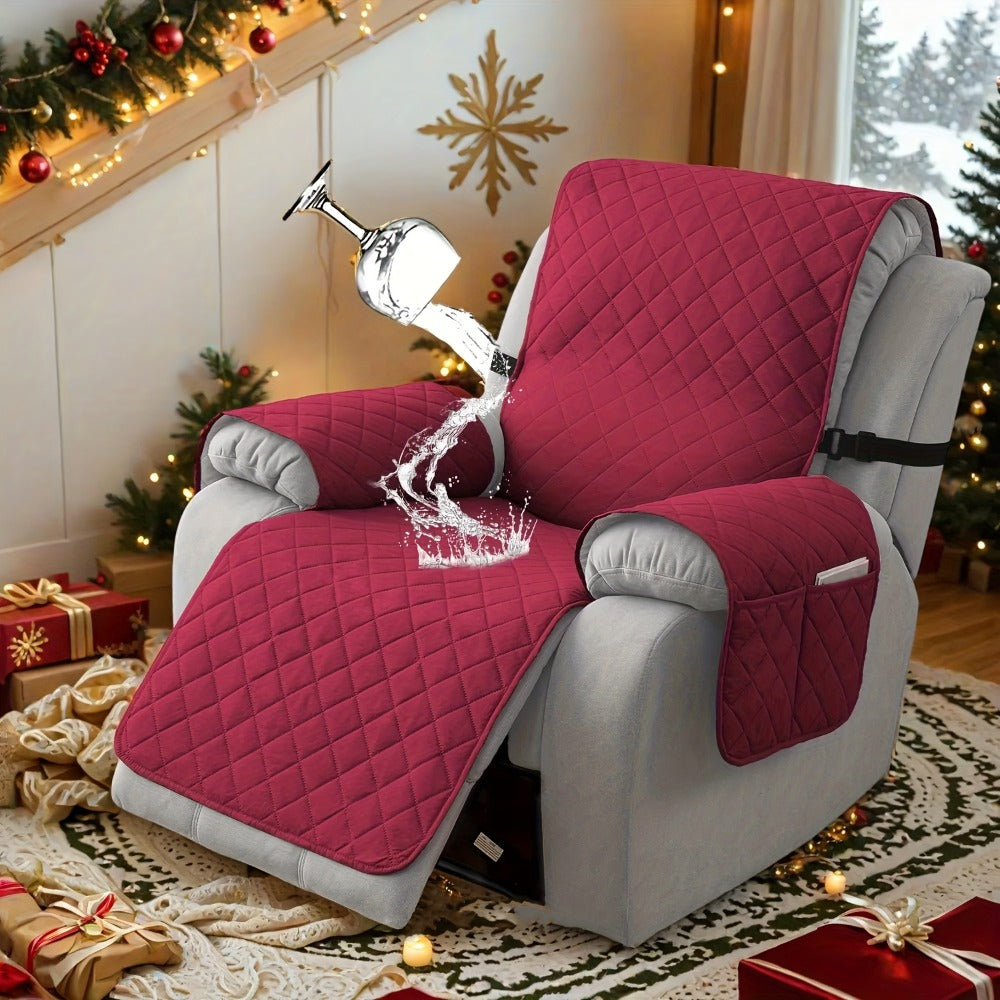 Diamond-Quilted One-Piece Recliner Chair Cover with Side Pocket, Buckle Strap and Eight Colors