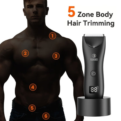 Manscaping Trimmer for Men IPX7 Waterproof Electric Groin & Ball Trimmer Ceramic Blades LCD Battery Display Replaceable Head