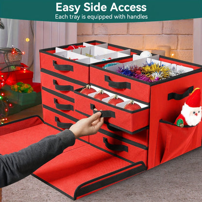 Christmas Ornament Storage Box 128 Slots 8 Trays Stackable Large Capacity Holiday Organizer with Lid Side Open Adjustable Dividers Removable