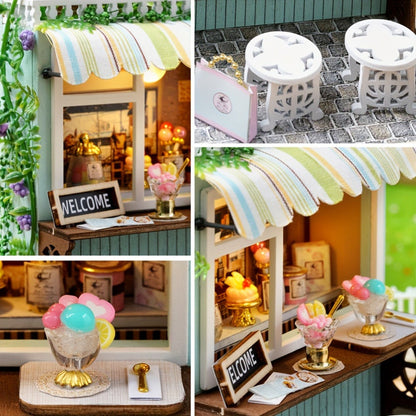 DIY Wooden Tiny House Kit with Dust Cover, Handmade Miniature Dollhouse Puzzle, 3 Themes Afternoon Tea Rotating Food House Moon Magic
