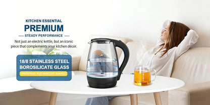 Electric Kettle 1.7L 1200W Borosilicate Glass with Blue LED, Auto Shut-Off and Cordless Base