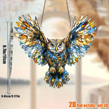 Owl Hanging Ornament Colorful Acrylic 6.7"x8", 2D Flat Animal Wall Art Decoration for Christmas Tree, Home, Office & Outdoor