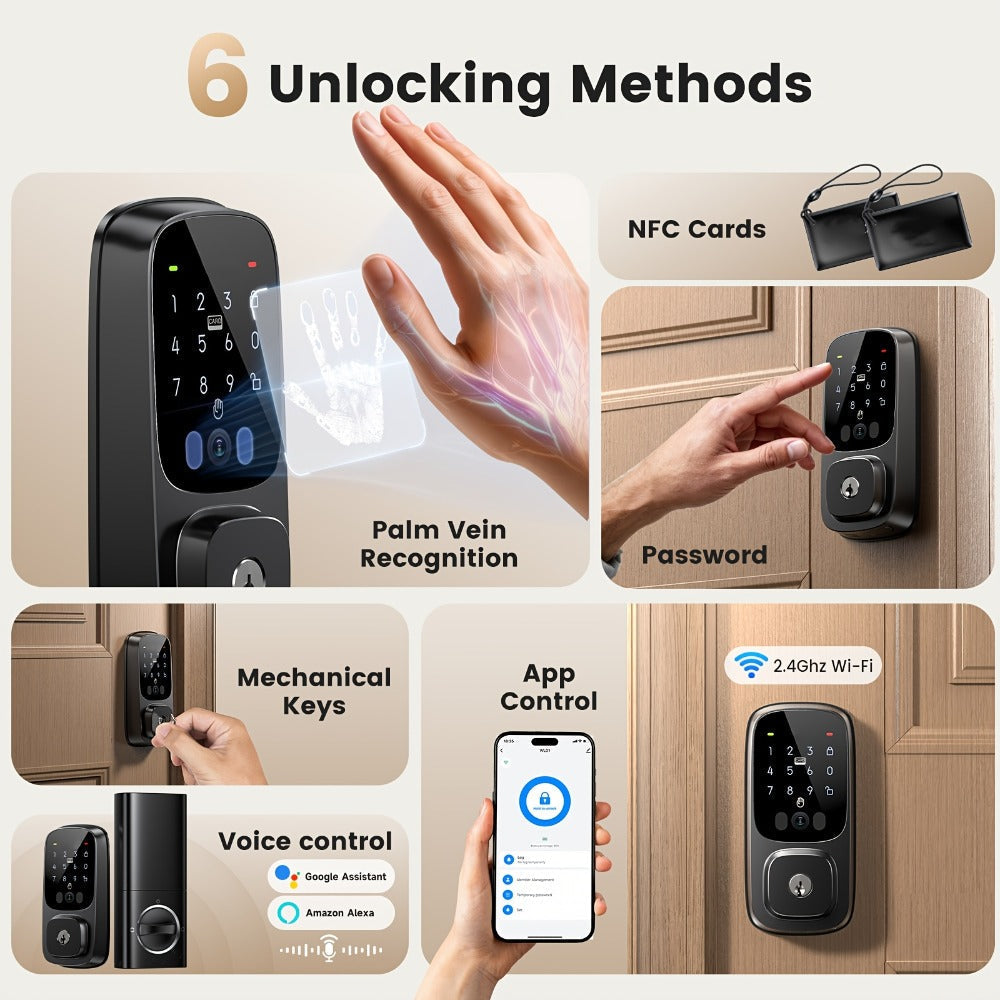 Smart Door Lock Palm Vein WiFi Keypad Deadbolt with 10000mAh Battery Alexa and Google Home Control