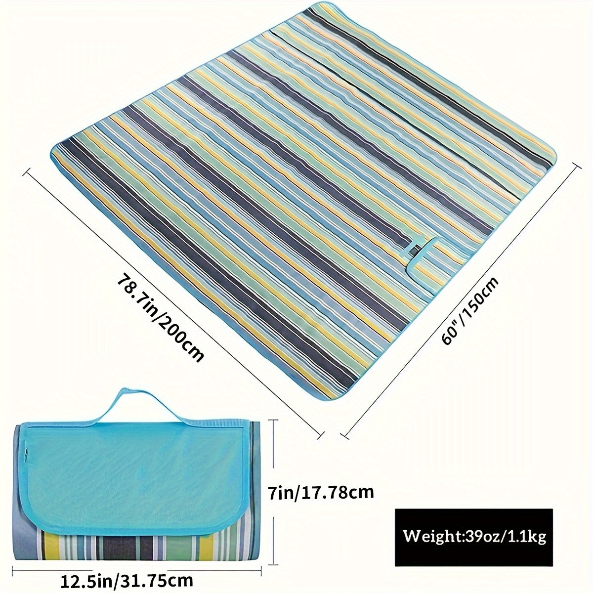 Blue Striped Picnic Blanket with Integrated Carry Flap, Top Handle and 78 x 60-Inch Pictured Size