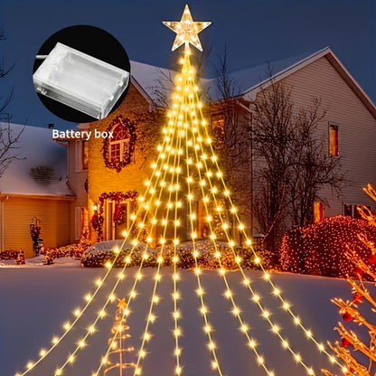 Christmas Tree Waterfall Fairy Lights 200 LED with Star Top Decoration, 8 Lighting Modes, Battery