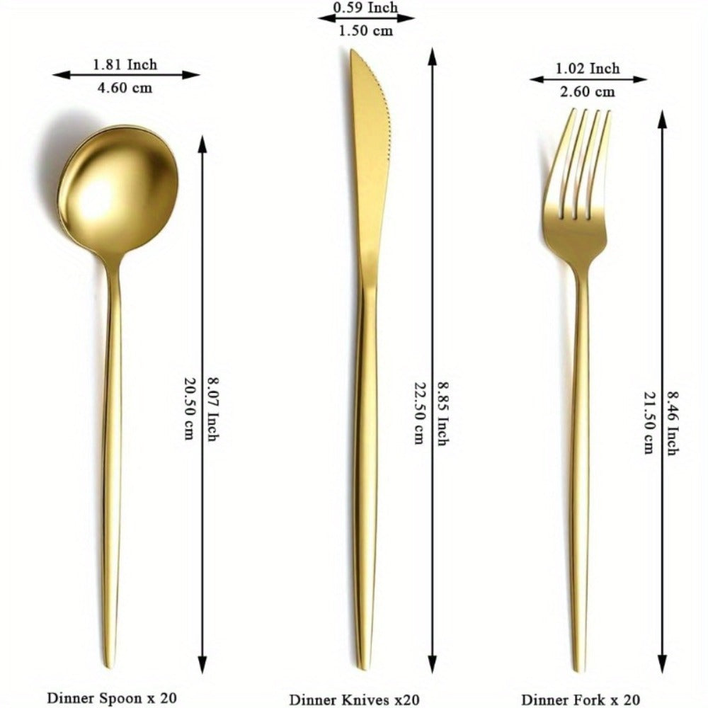 Gold Silverware Set 60 Pcs Service for 20 for Entryways, Bedrooms and Living Spaces, with the Listed Configuration