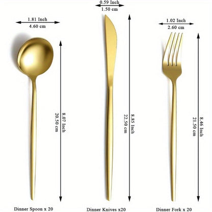 Gold Silverware Set 60 Pcs Service for 20 for Entryways, Bedrooms and Living Spaces, with the Listed Configuration