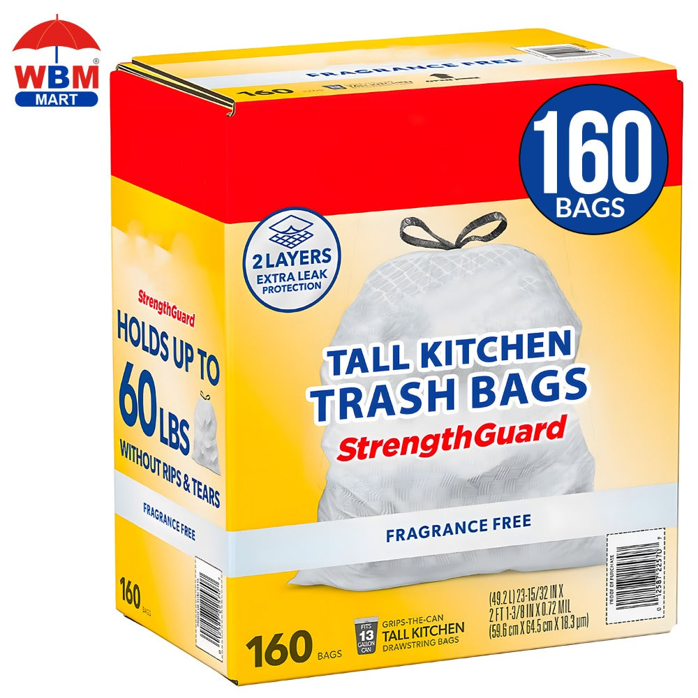 13-Gallon White Drawstring Trash Bags, Fragrance-Free 160-Count Box with Liners for Tall Kitchen Cans