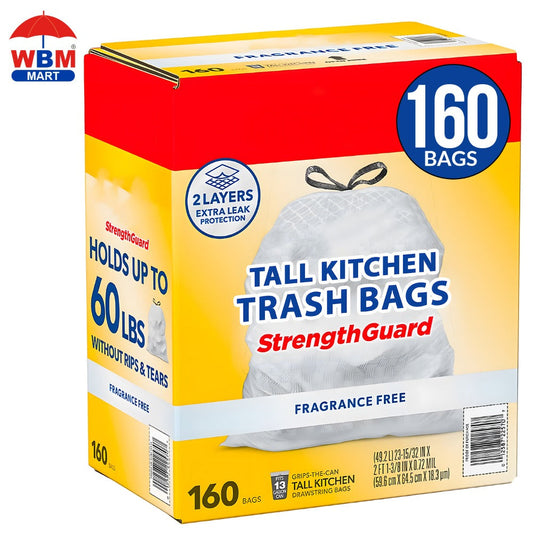 13-Gallon White Drawstring Trash Bags, Fragrance-Free 160-Count Box with Liners for Tall Kitchen Cans