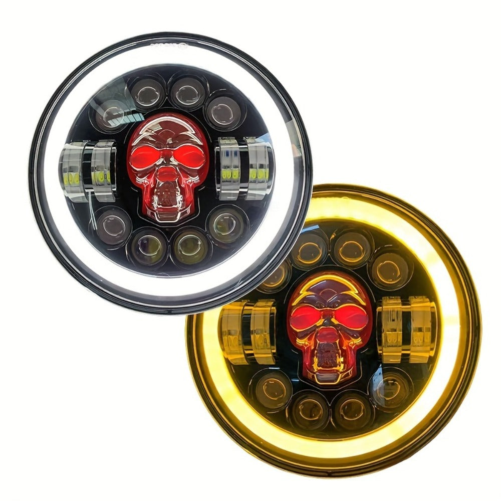 7 Inch Motorcycle LED Headlight Skull Ghost Design – Colorful Demon Eye Round Head Lamp, Custom Car Headlight Modification Front Light