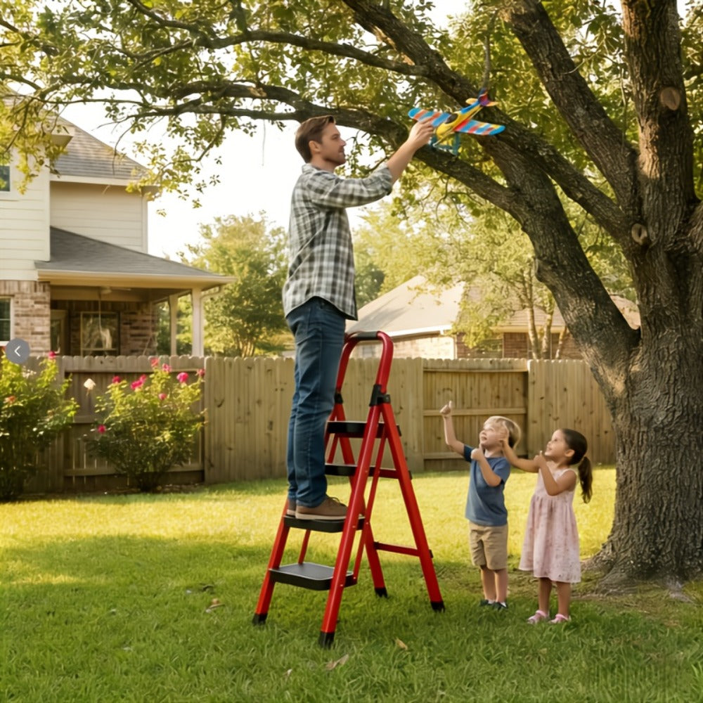 Folding Step Stool Ladder Steel with Anti-Slip Wide Treads & Handrails, Safety Lock, Portable Multi-Step Ladder for Home