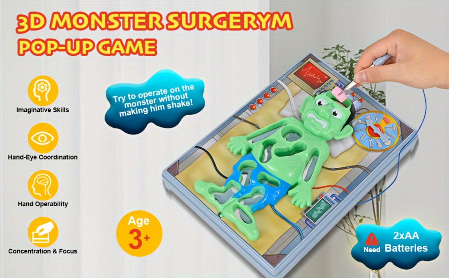 Operation Monster Board Game for Kids, Steady Hand Skill Game with Tweezers, 3D Monster Pieces, Fun Family Game Night for Ages 3+