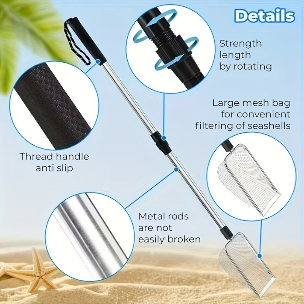 Beach Sand Sifter Scoop Telescopic Handle – Stainless Steel Retractable 3-Section Scoop for Treasure Hunting Shell Collecting Beach Combing