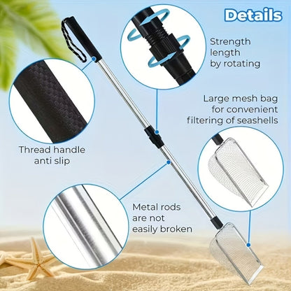 Beach Sand Sifter Scoop Telescopic Handle – Stainless Steel Retractable 3-Section Scoop for Treasure Hunting Shell Collecting Beach Combing