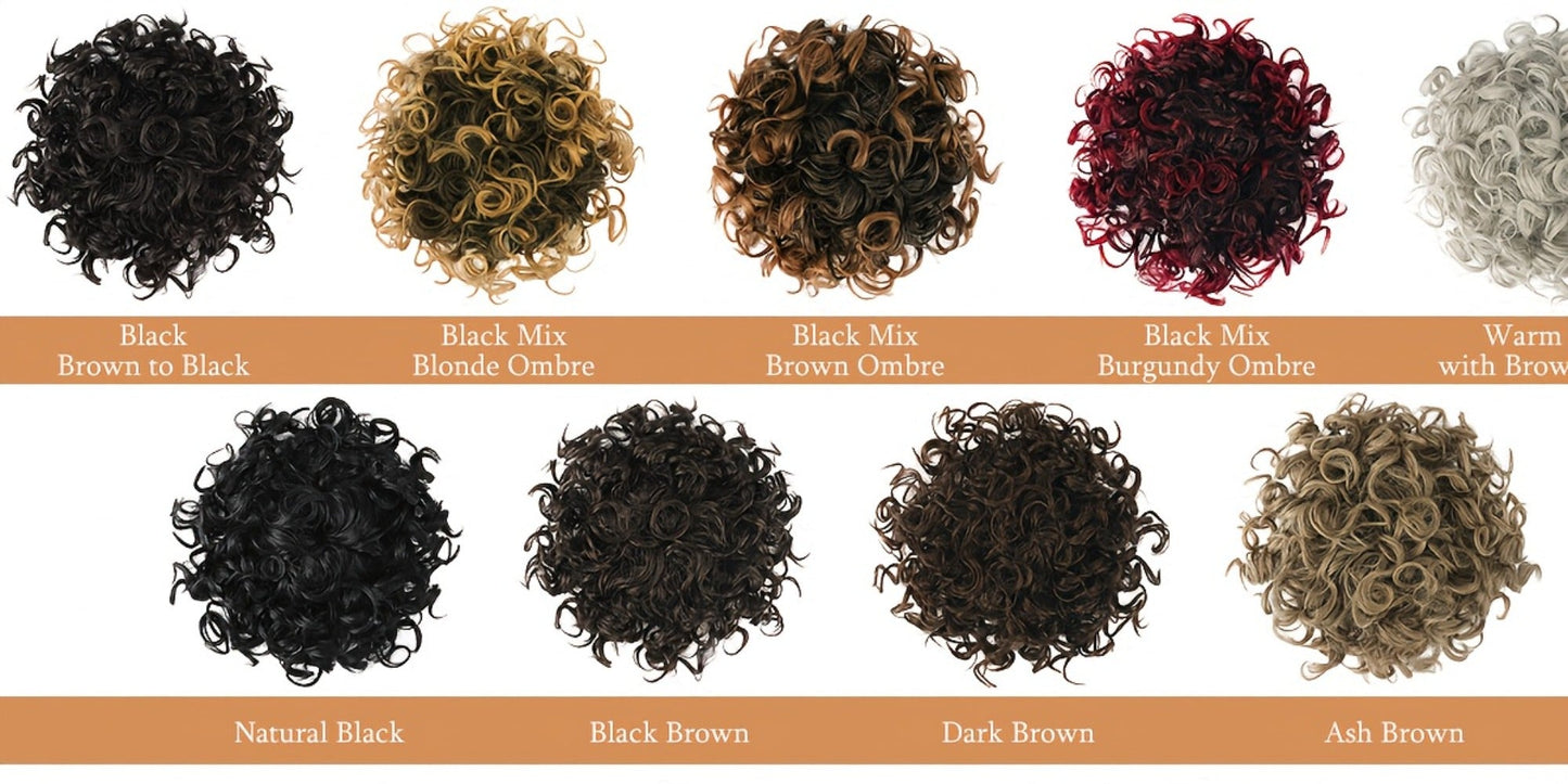 Hair Extensions Curly 10-Inch Synthetic Drawstring Bun with Comb Clips, 80g Weight and Two Brown Color Options