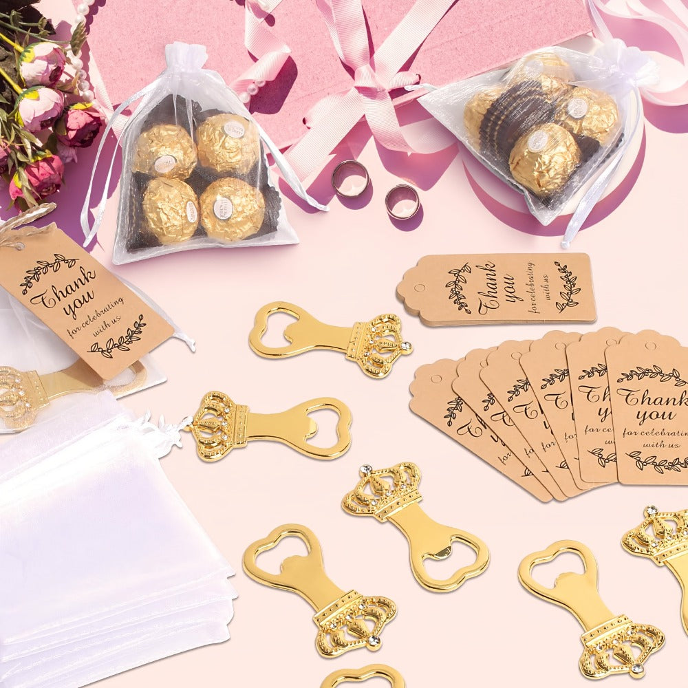 Crown Bottle Opener Wedding Favors, 10 Sets with Organza Bags, Thank You Tags and Twine for Bridal Showers and Guest Gifts
