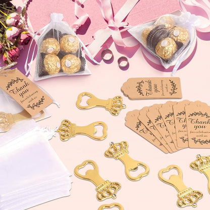 Crown Bottle Opener Wedding Favors, 10 Sets with Organza Bags, Thank You Tags and Twine for Bridal Showers and Guest Gifts