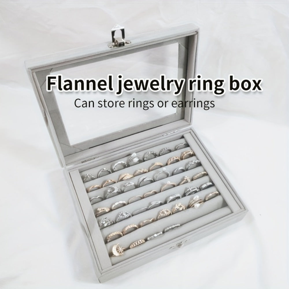 Jewelry Box with Locking Lid – 49-Ring Capacity Glass-Like Plastic Ring & Earring Organizer, Large Rectangular Storage Case