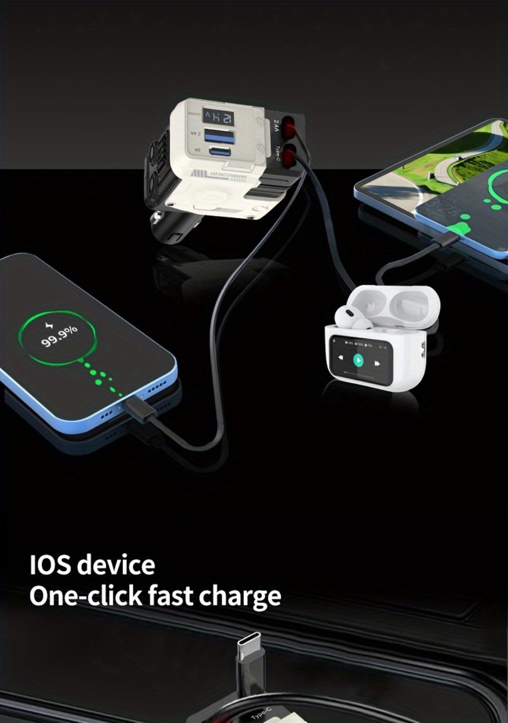 120W Fast Car Charger 4-in-1 with Retractable PD 3.0 Type-C Cable & Multi-Port USB Adapter
