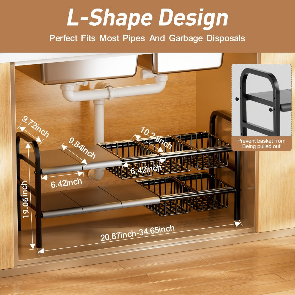 Expandable Under Sink Organizer 2-Tier Cabinet Shelf with 5 Removable Panels & 5 Baskets, Adjustable Under Sink Storage Rack for Kitchen