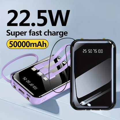 Power Bank 50000mAh 22.5W with Four Built-In Cables, Digital Display and LED Flashlight in Black or Purple