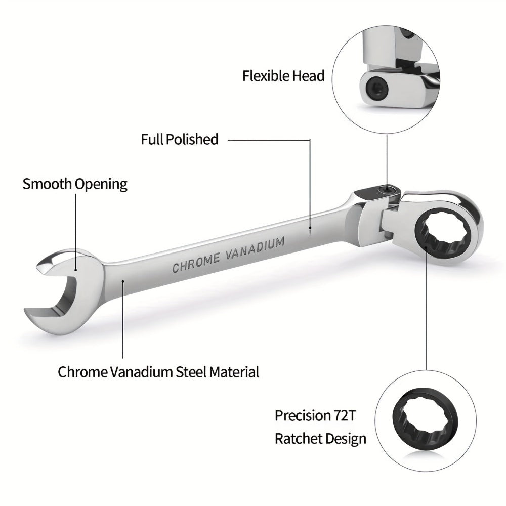 Ratchet Wrench Set 5pcs Flexible Head 6-10mm Metric Chrome Vanadium Steel 72-Tooth Combination Wrench for Home, Garage and DIY Projects