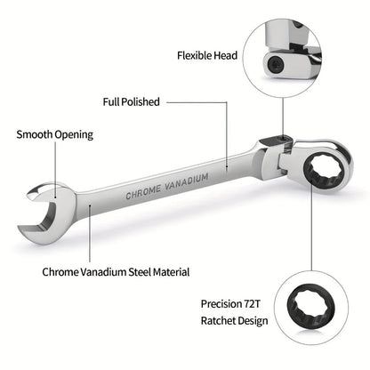 Ratchet Wrench Set 5pcs Flexible Head 6-10mm Metric Chrome Vanadium Steel 72-Tooth Combination Wrench for Home, Garage and DIY Projects