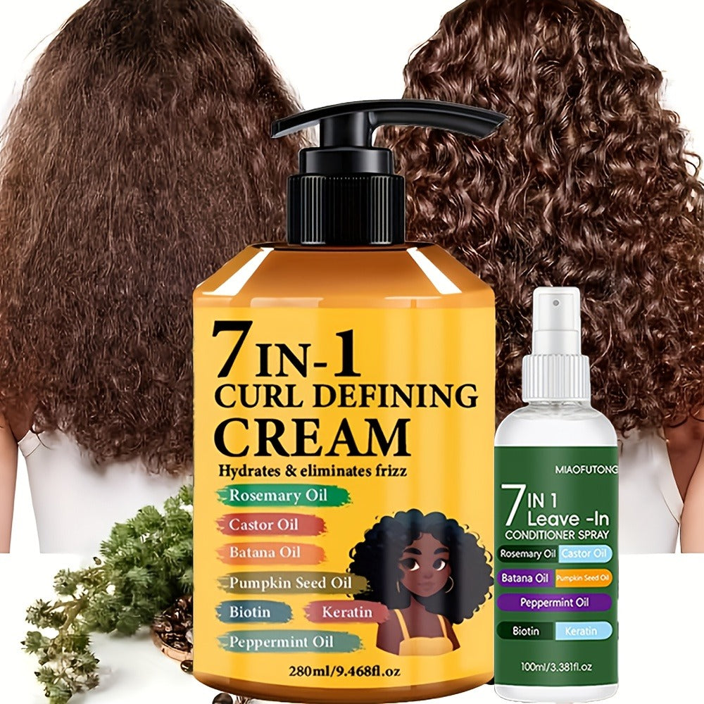 Rosemary Hair Growth Styling Cream & Leave-In Conditioner Spray Set 2pcs - 7-in-1 Formula with Castor
