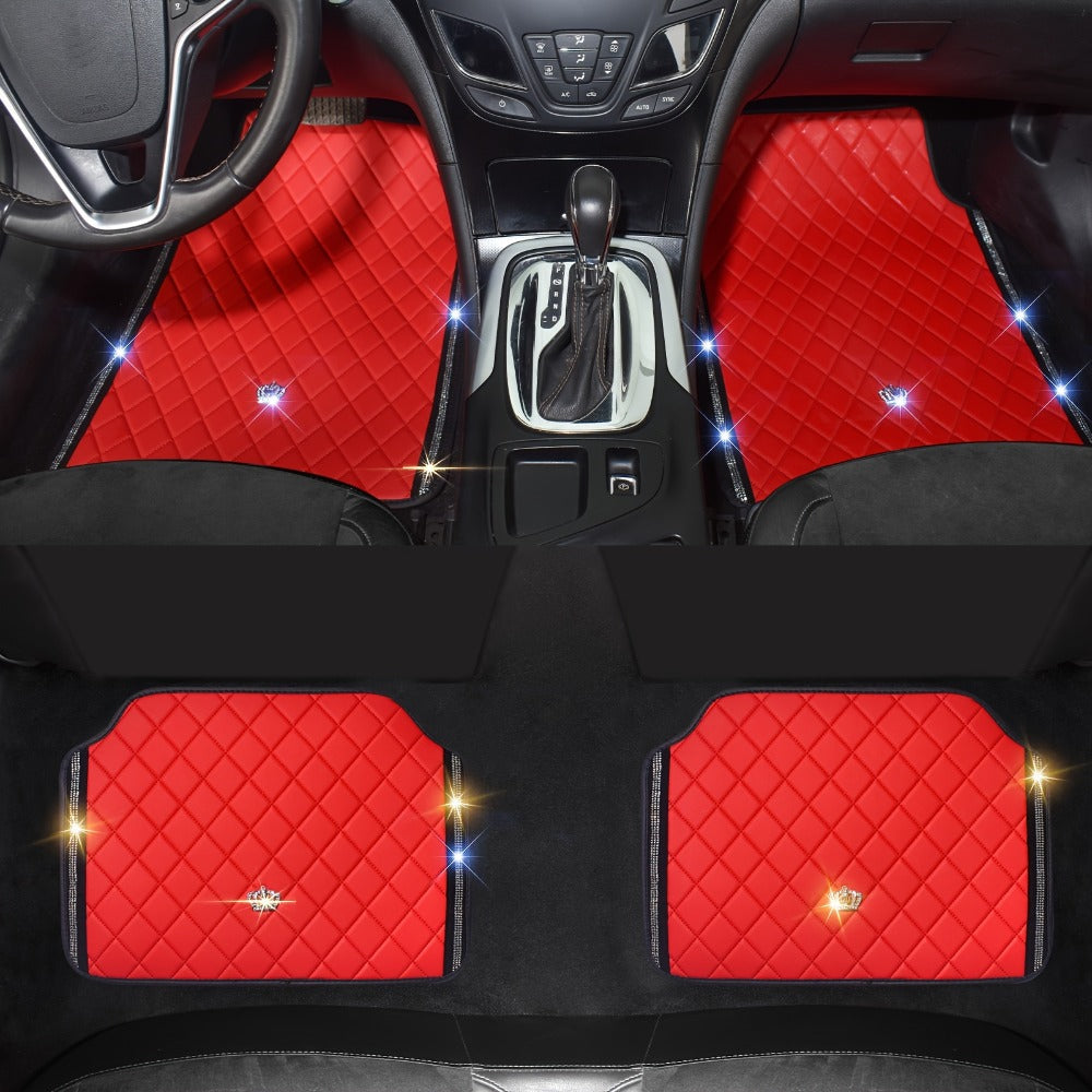Quilted Crown Car Floor Mats, Four-Piece Set in Red, Black or Prismatic Embossed Style Options