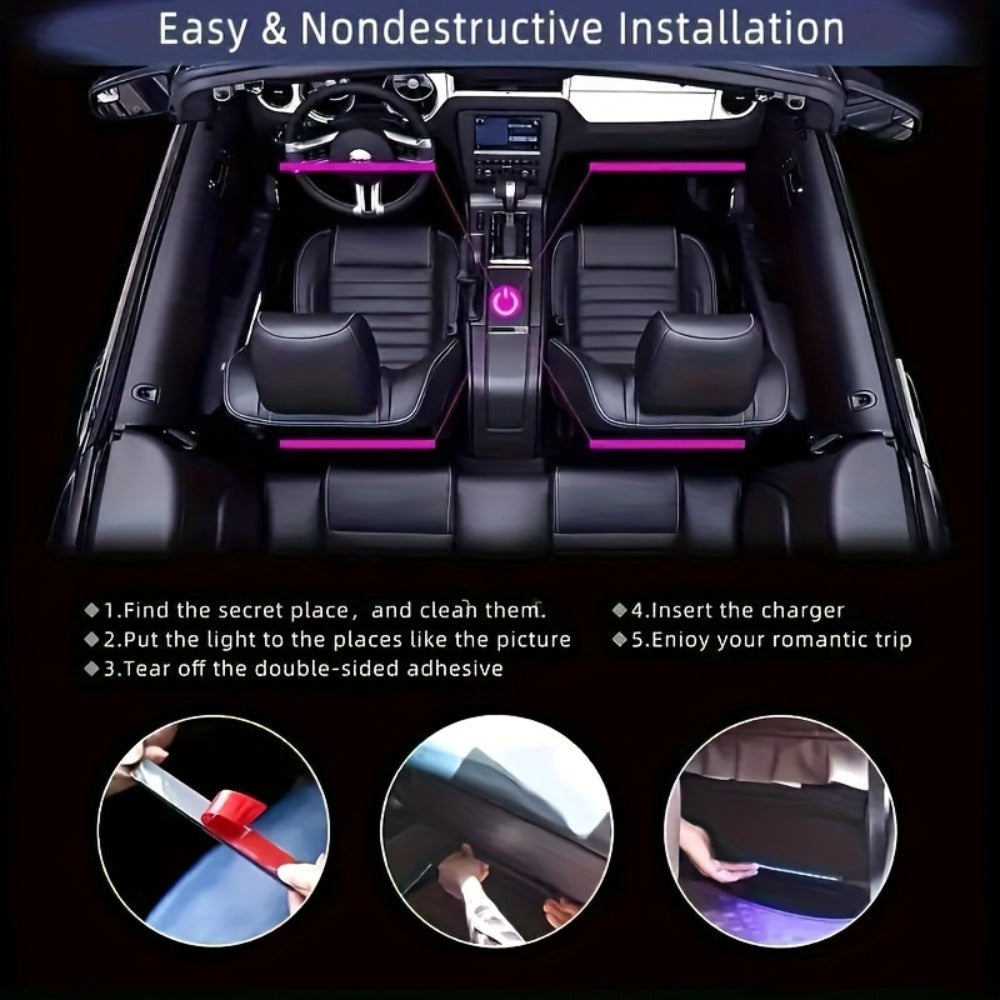 Four-Strip 48-LED RGB Car Interior Light Kit with App, Remote or USB and Remote Control Options