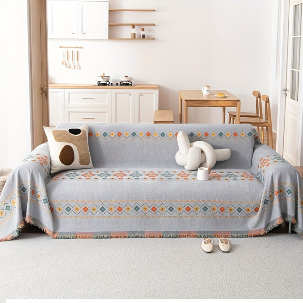 Sofa Cover Bohemian Embroidered Chenille Knit Throw with No Padding in Four Sizes and Five Colors