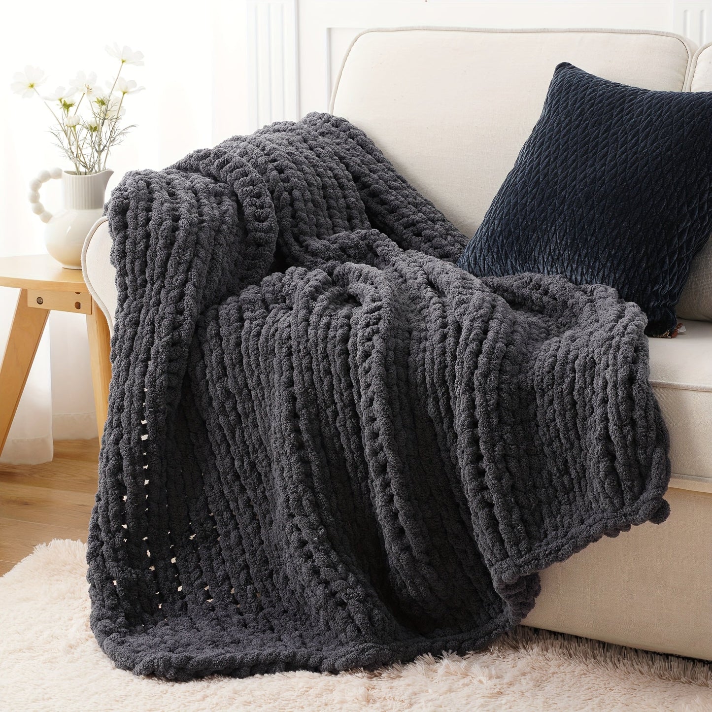 Chunky Chenille Cable Knit Throw Blanket, 350-400gsm Crochet Throw for Sofa, Bed & Couch, Vintage Patchwork