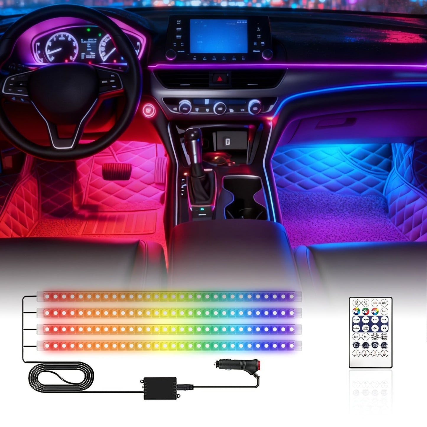 Four-Strip 48-LED RGB Car Interior Light Kit with App, Remote or USB and Remote Control Options