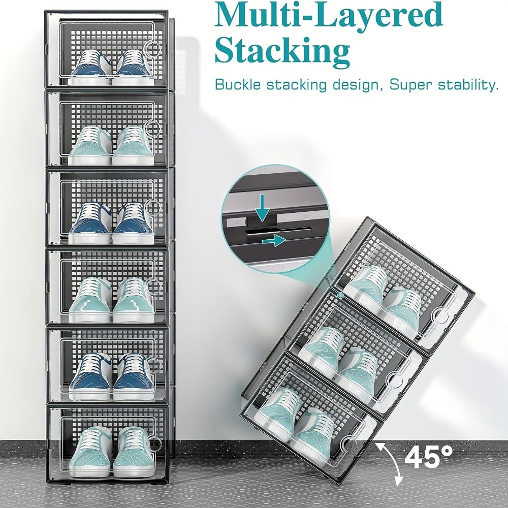 Transparent Stackable Shoe Boxes with Lid – Foldable Clear Sneaker Storage Organizer (6/24pcs)
