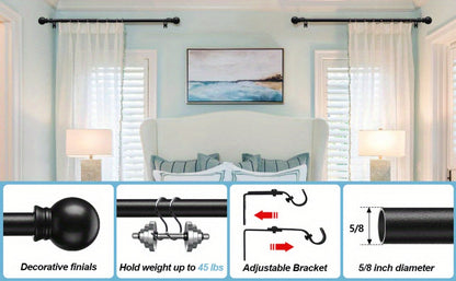 Two-Pack Matte Black Curtain Rod Set with 5/8 Inch Tube and 28–52 to 28–95 Inch Size Options