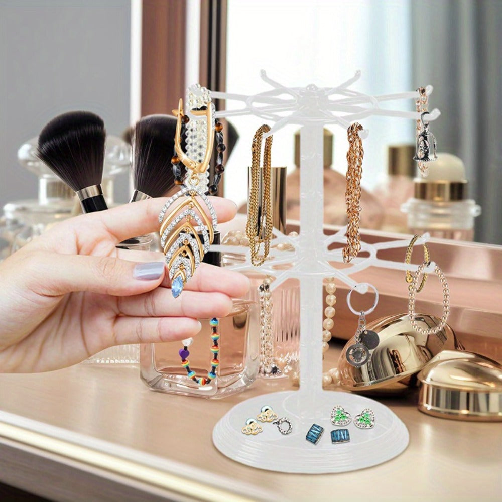 Jewelry Organizer 2-Tier Rotating Black Plastic Stand for Necklaces, Bracelets, Earrings and Keychains