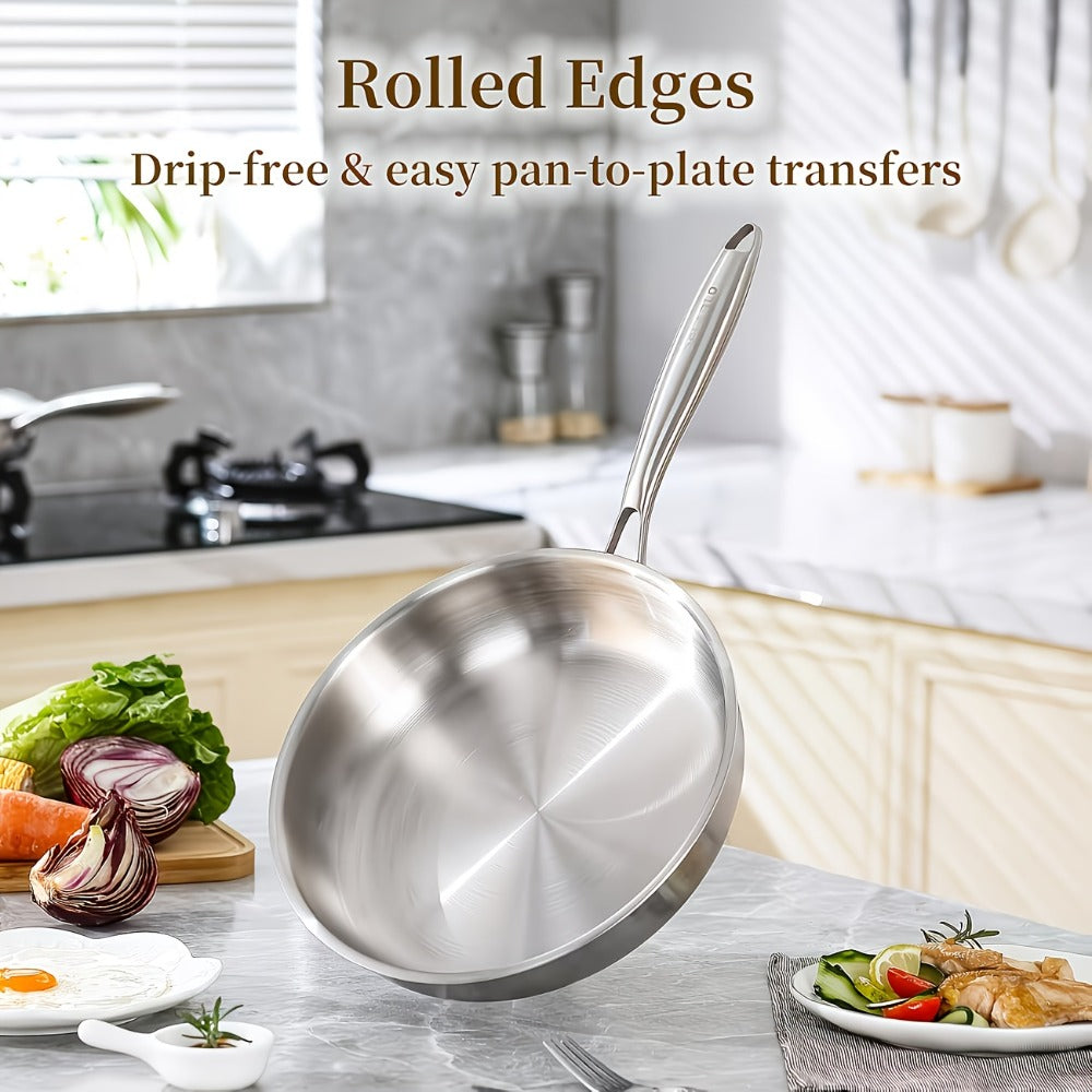 304 Stainless Steel Frying Pan 11 Inch Triply Base, Handle Even Heat Distribution for Home Cooking, Dining and Outdoor Meals