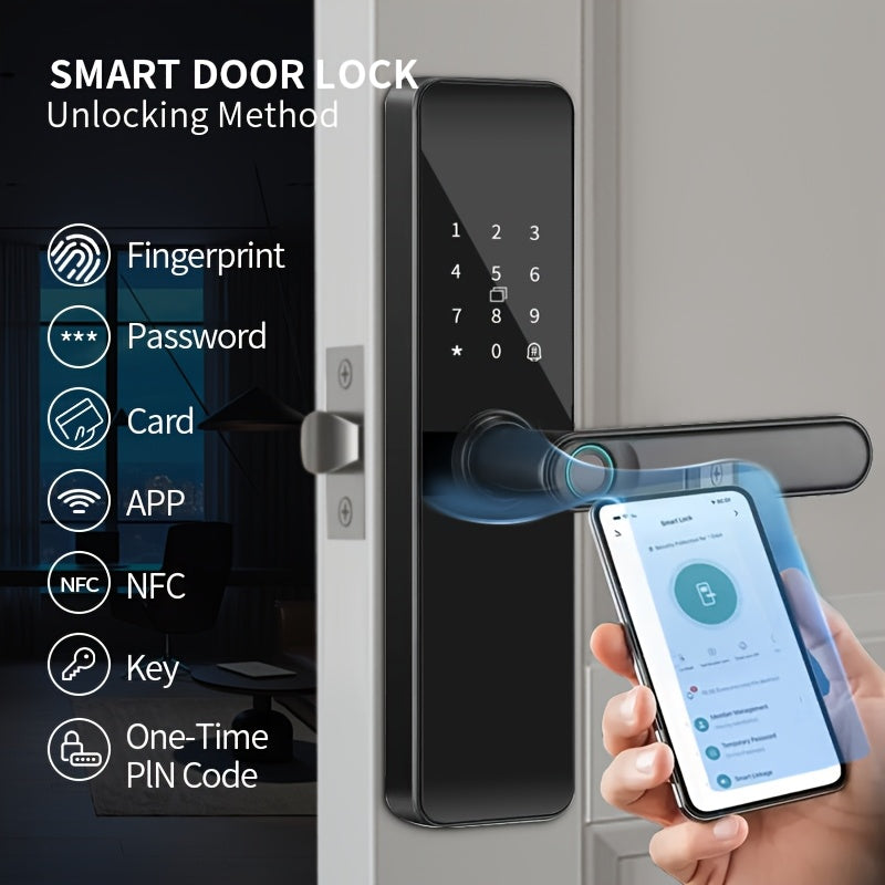 Smart Door Lock with Fingerprint Keypad Card App Access and Optional Camera Handle Models in Black
