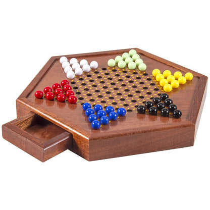 Deluxe Wooden Chinese Checkers Game Set 12.5 Inch Hexagonal Board with Storage Drawer 60 Acrylic Marbles