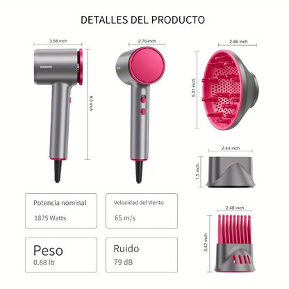 FZ201-Style 1875W Hair Dryer with Circular Rear Intake, Gray or White Finish and Three Pictured Attachments